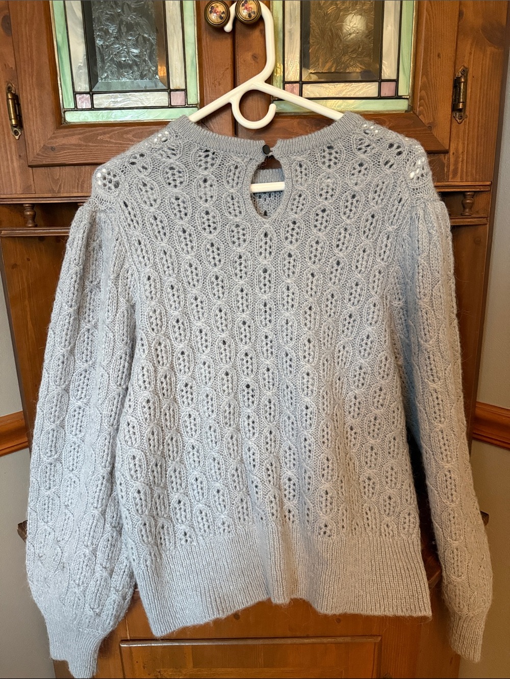 J.Crew Blue Balloon Sleeve Cable Knit Pointelle Alpaca Wool Blend Sweater XL
